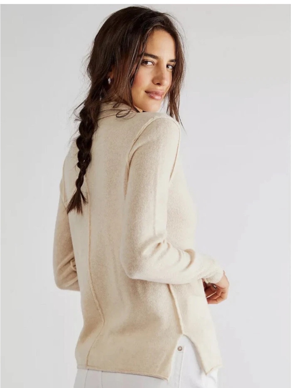 Free People Paloma Cashmere Cardigan long sleeve button collar beige S